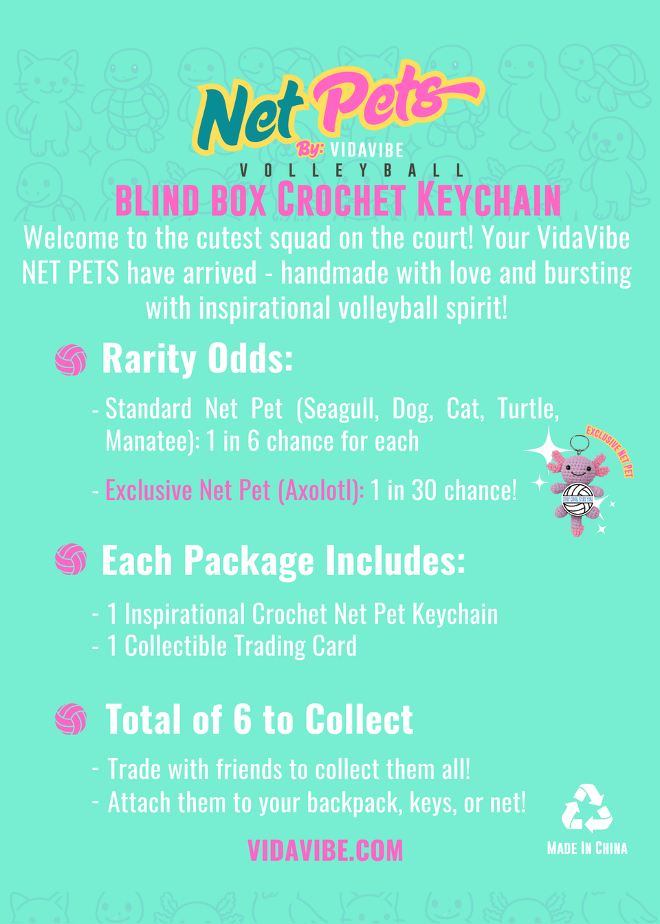 NetPets Surprise Crochet Keychains – 6 Collectible Volleyball Animal Blind Bags with Inspirational Quotes